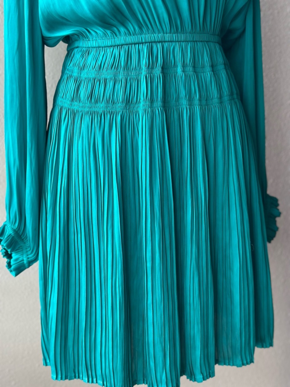 Current Air Teal Pleated Long-Sleeve Tie-Neck Dress - Picture 4 of 7